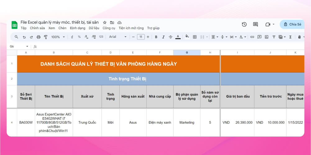 Phần mềm quản lý thiết bị trường học miễn phí Excel