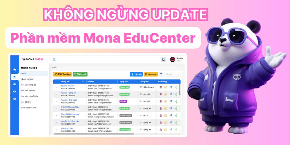 Phần mềm quản lý trung tâm giáo dục Mona EduCenter không ngừng Update