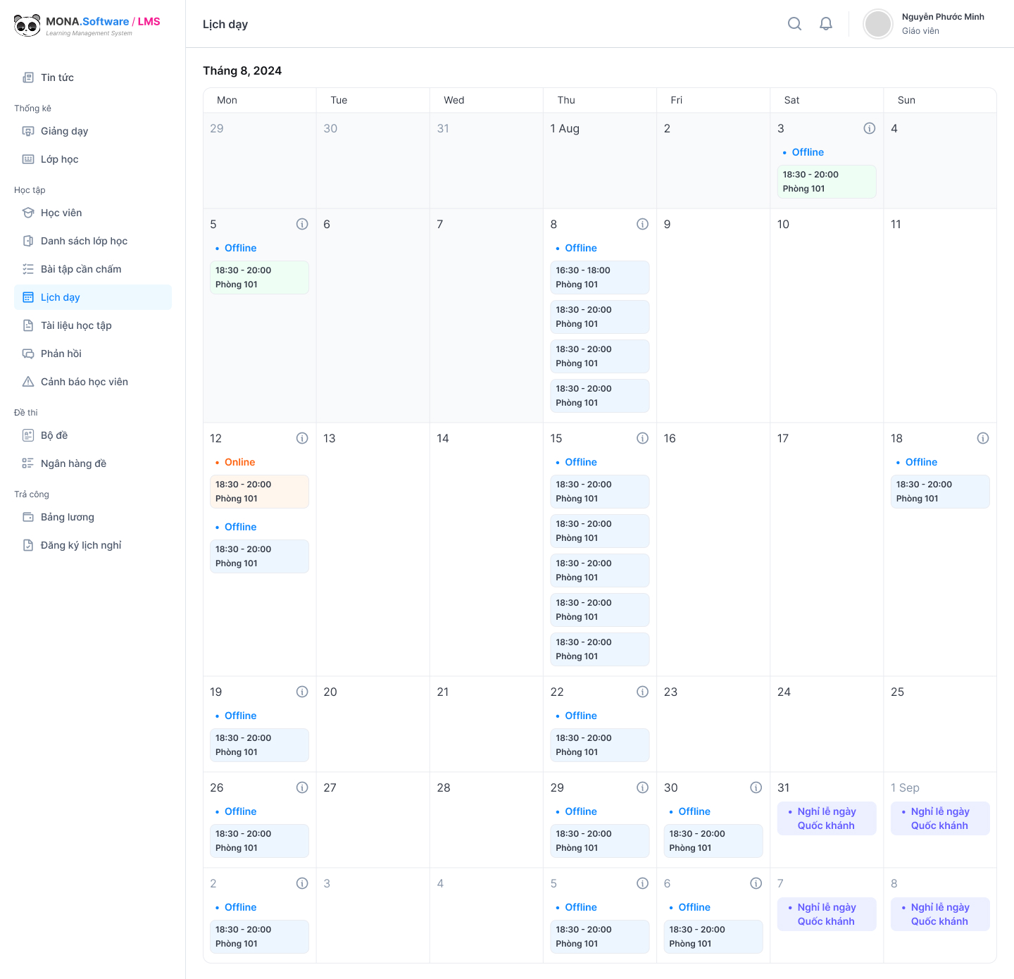Tính năng quản lý lịch giảng dạy