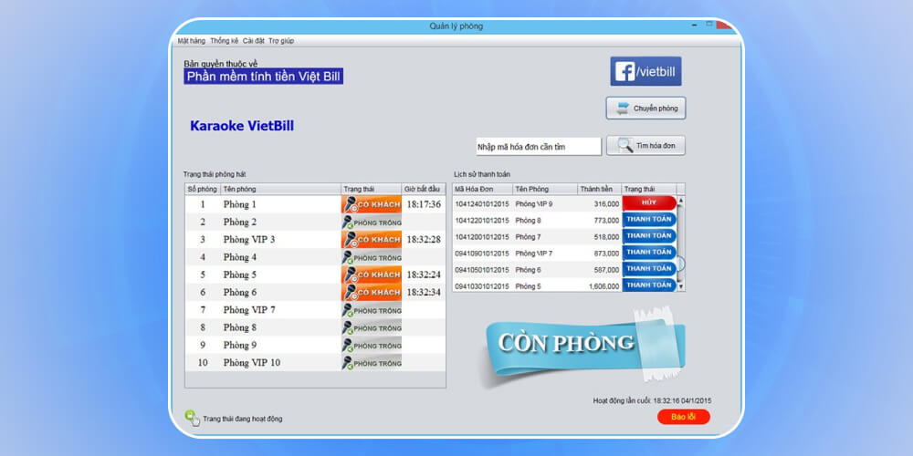 Phần mềm tính tiền phòng karaoke Vietbill