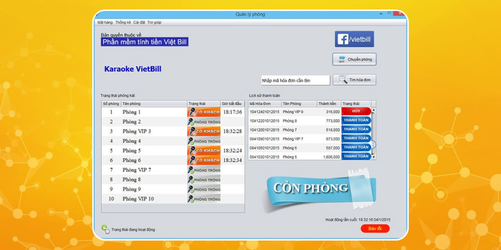 Phần mềm tính tiền phòng karaoke Vietbill