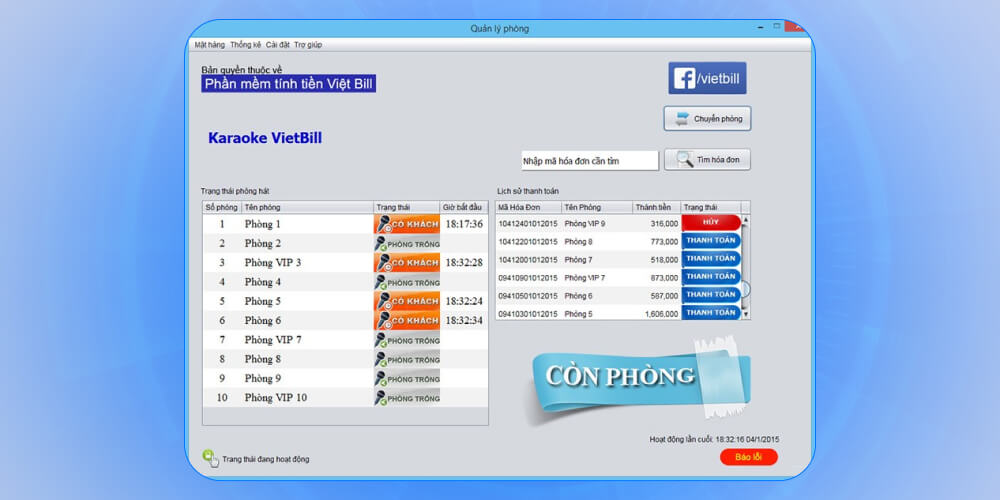 Phần mềm quản lý quán Karaoke Vietbill 