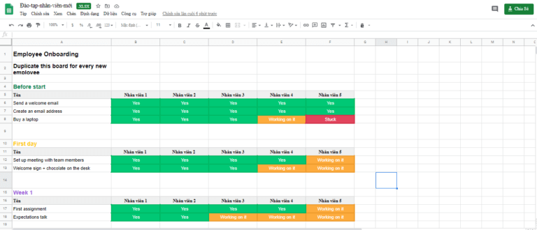 Biểu mẫu đào tạo nhân sự mới trên excel số 1