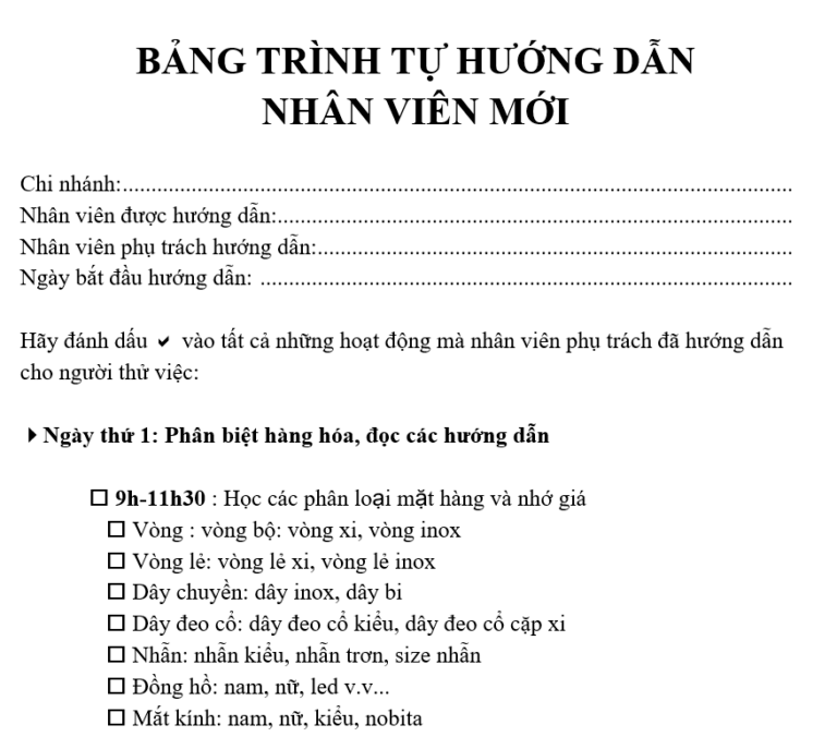 Biểu mẫu đào tạo nhân sự mới trên word số 1