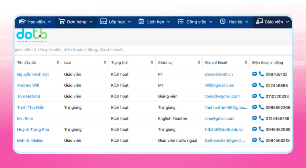 Phần mềm quản lý giáo viên online DotB EMS