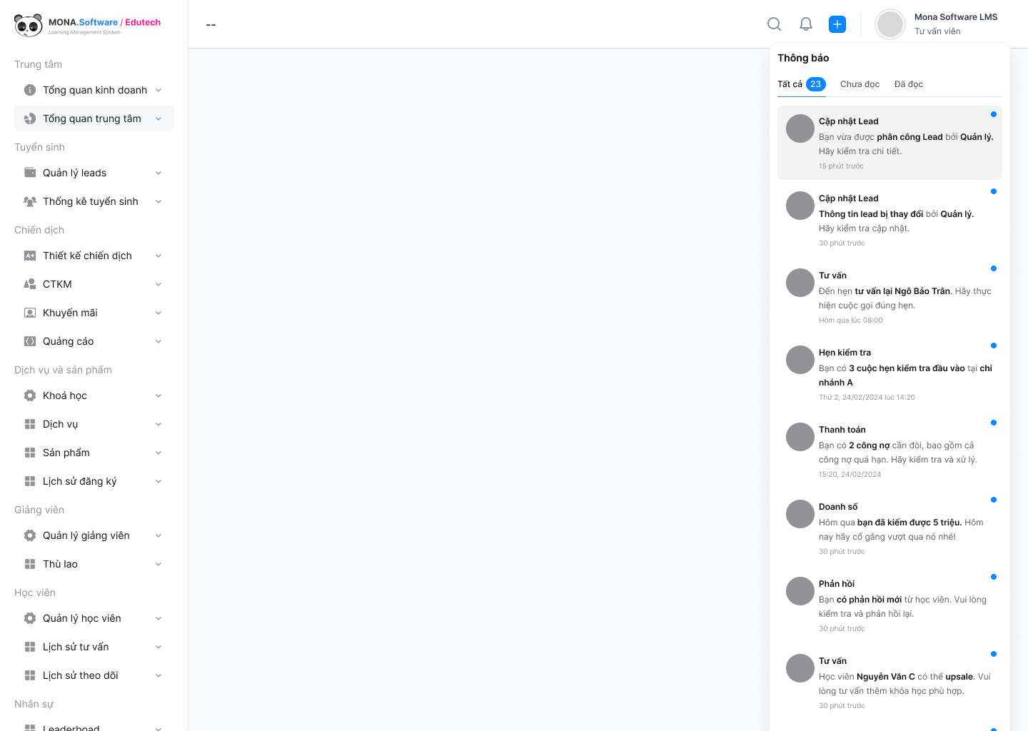 Tính năng thông báo của phần mềm trung tâm Anh ngữ