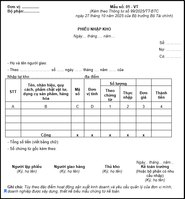 Mẫu phiếu nhập xuất kho bằng excel​ theo thông tư 99
