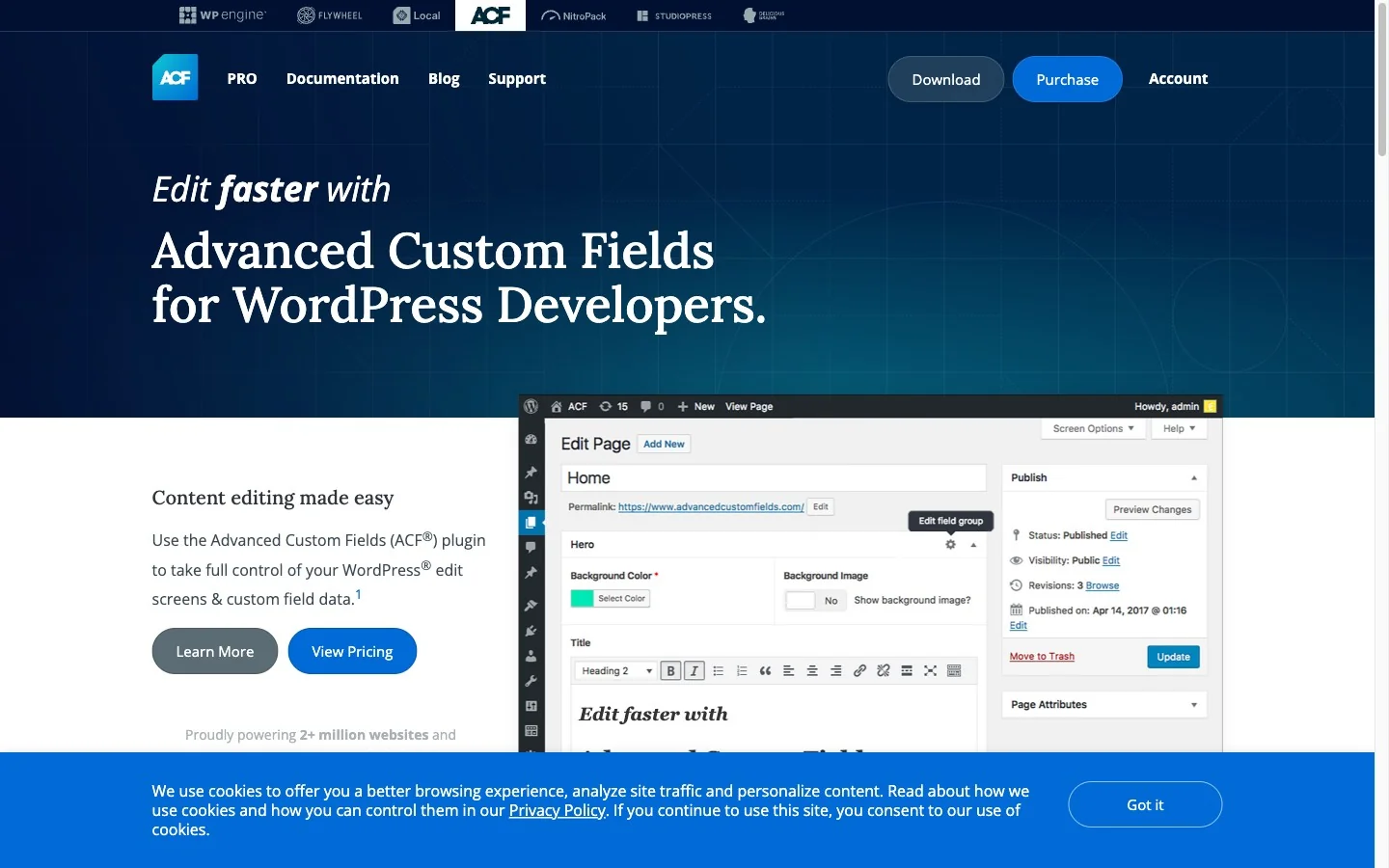 Trang chủ plugin ACF Advanced Custom Fields cho WordPress