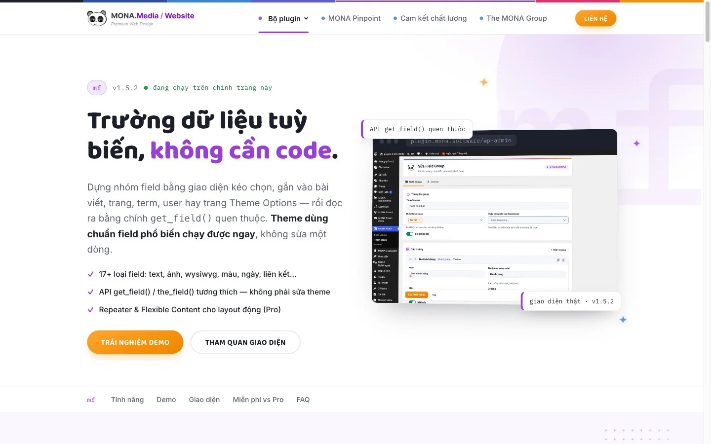 Trang giới thiệu MONA Fields, plugin custom field giao diện tiếng Việt