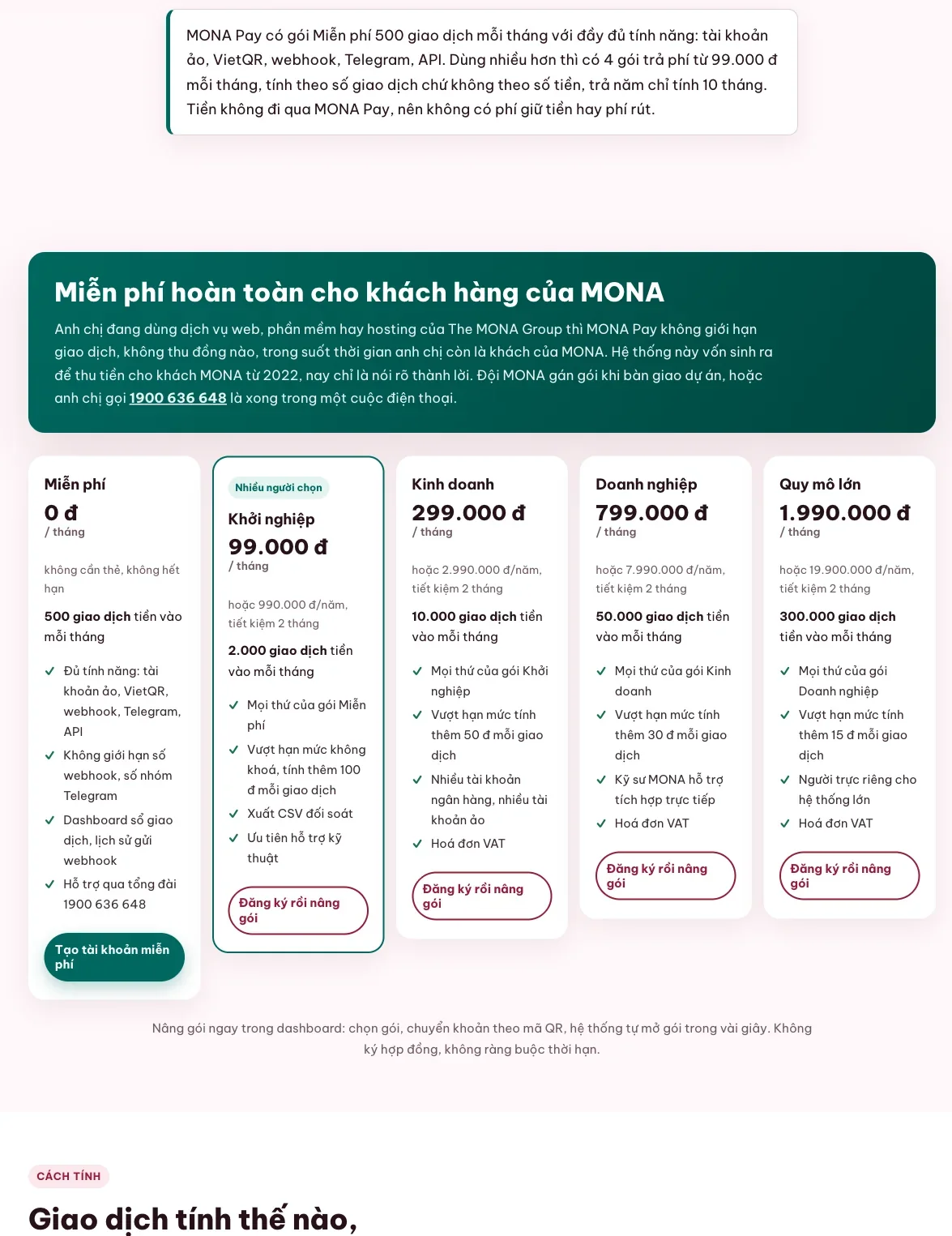 Bảng giá MONA Pay theo số khoản tiền vào