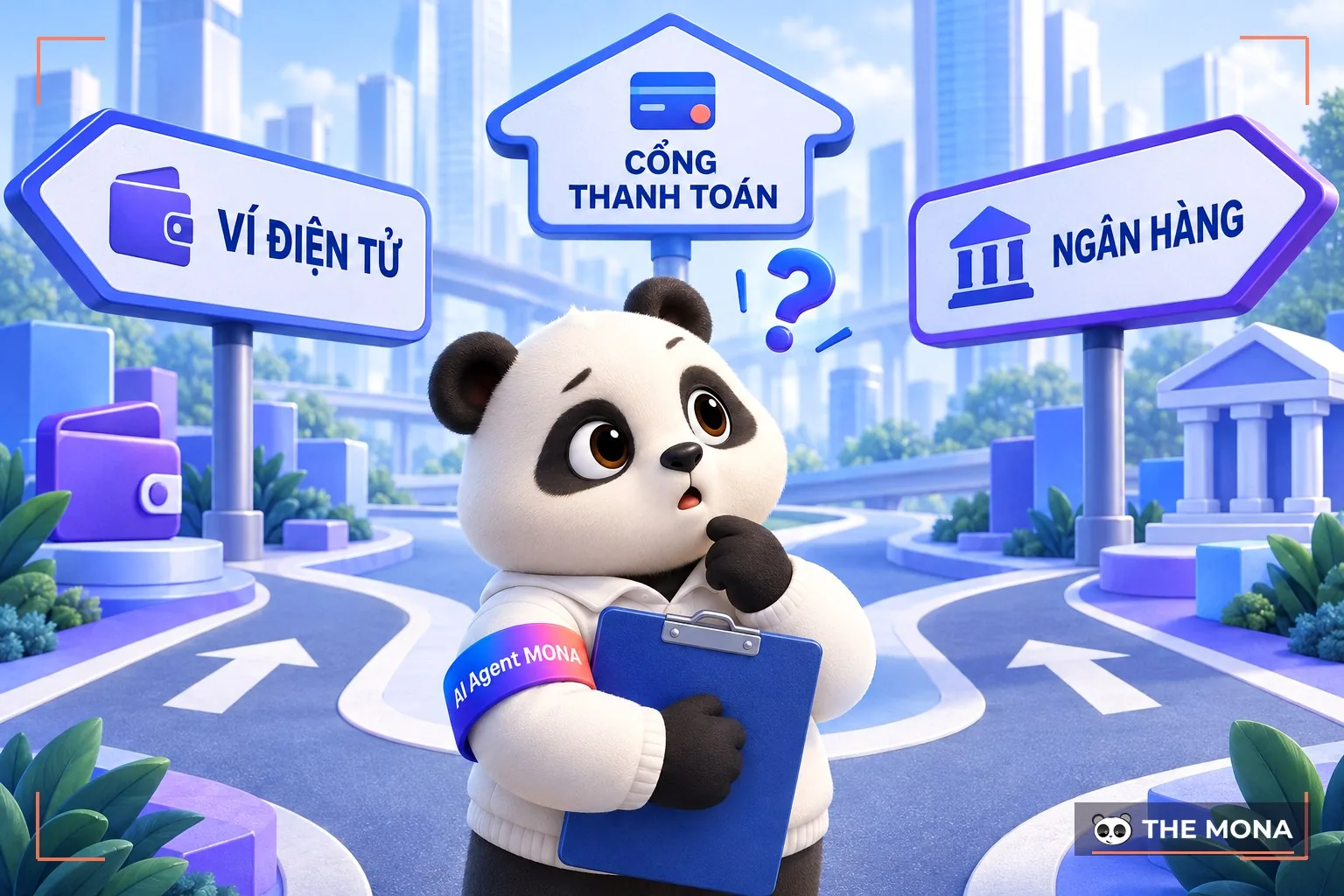 gấu mona đứng bối rối giữa các biển báo thanh toán
