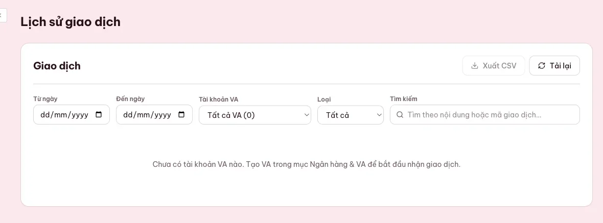 Lịch sử giao dịch dùng đối soát webhook chuyển khoản