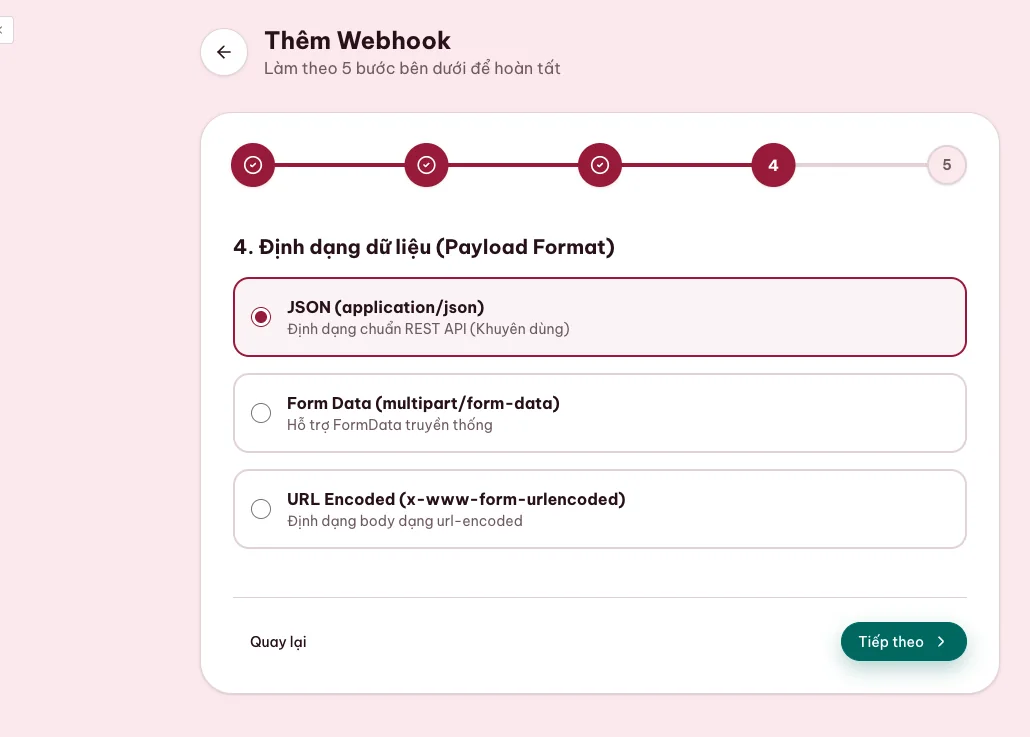 Màn hình chọn JSON cho payload webhook thanh toán MONA Pay