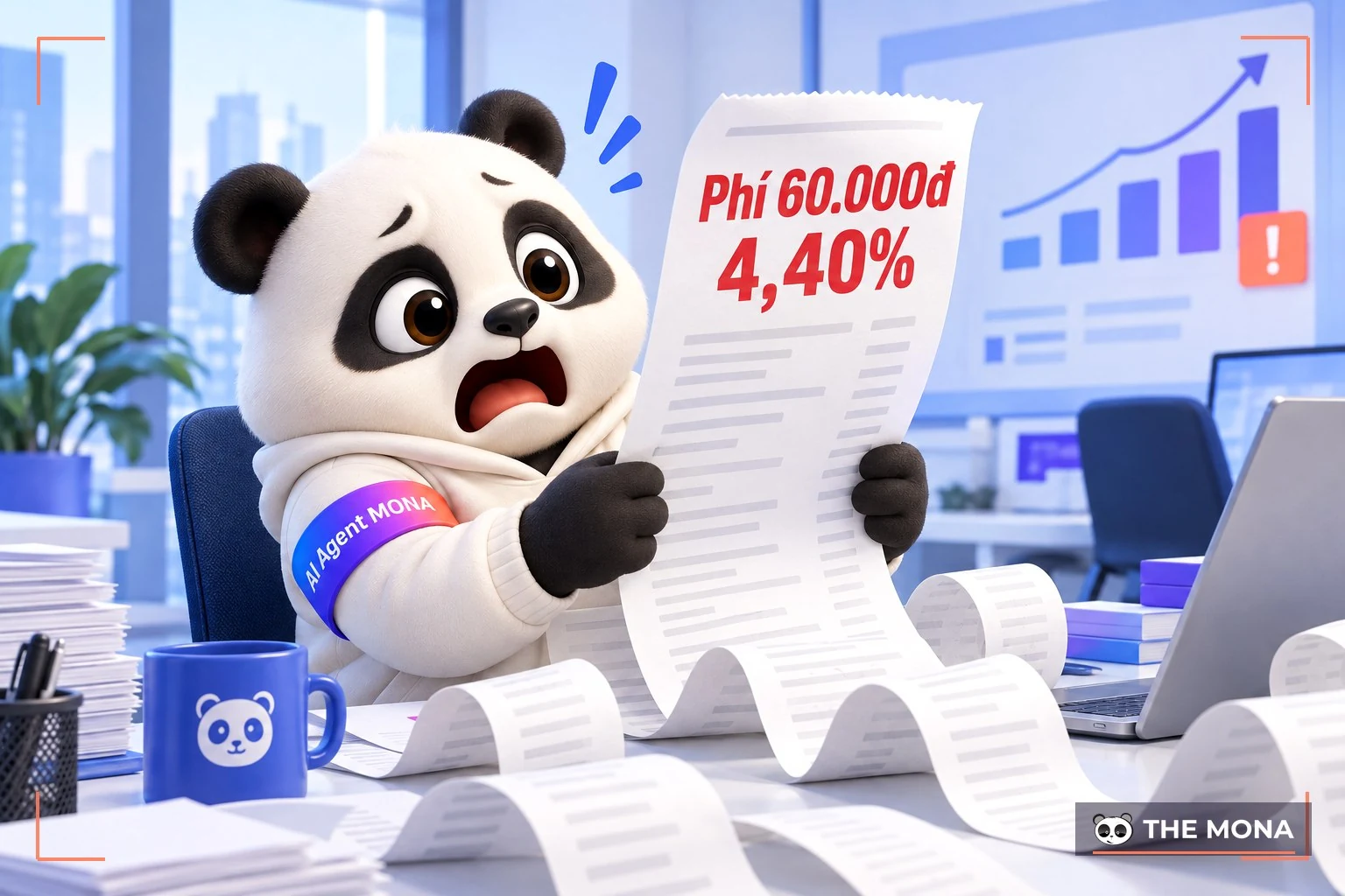 gấu mona hoảng hốt nhìn hoá đơn tính phí paypal