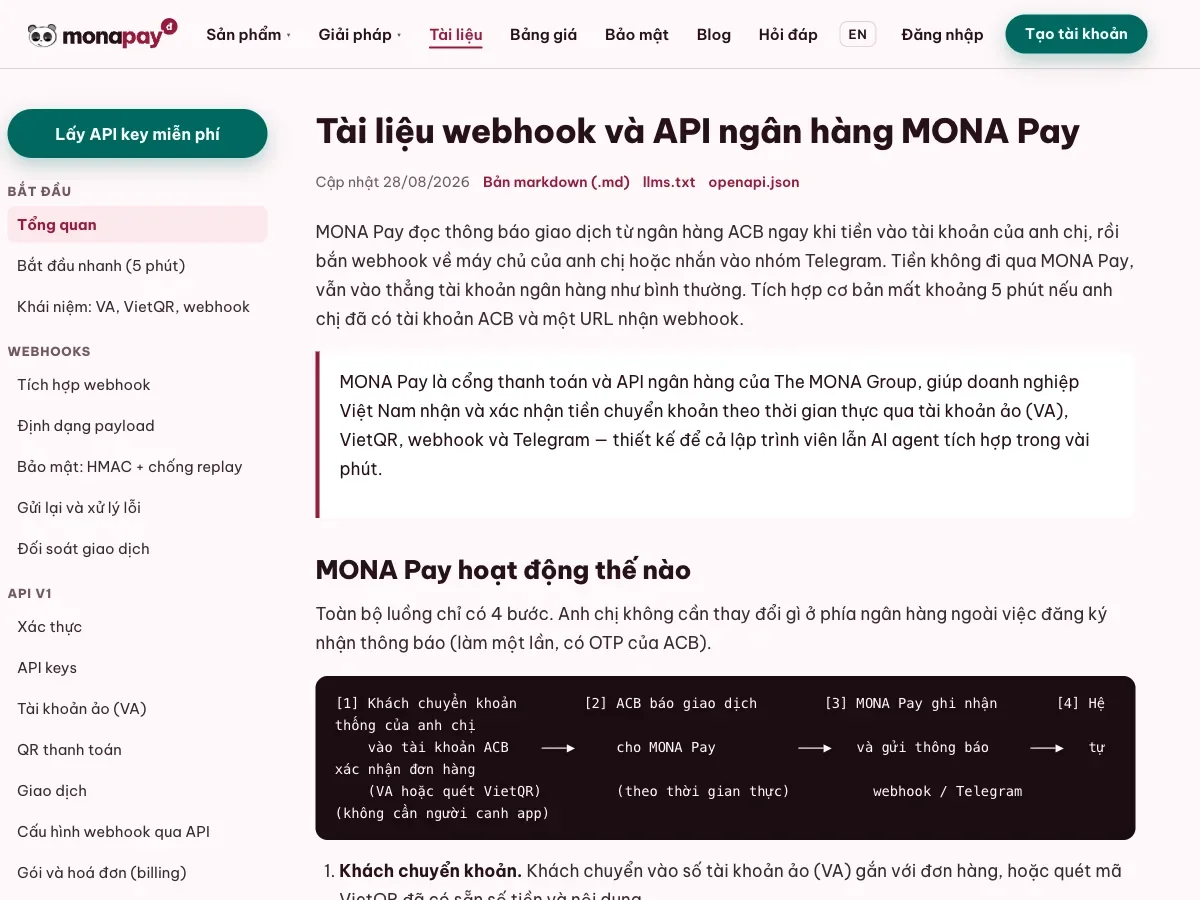 Tài liệu webhook thanh toán và API dành cho lập trình viên