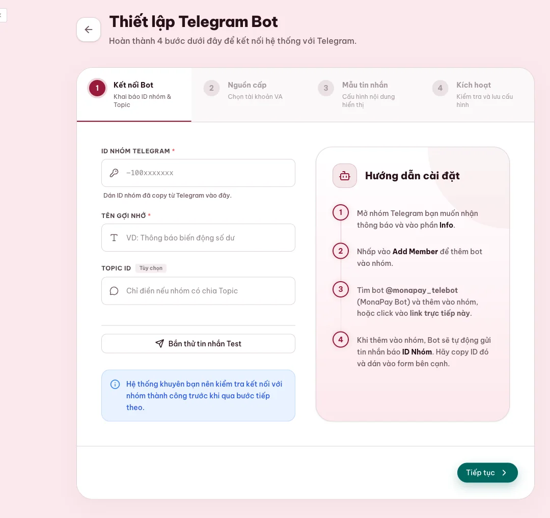 Telegram báo có theo nhóm và chủ đề cho kế toán