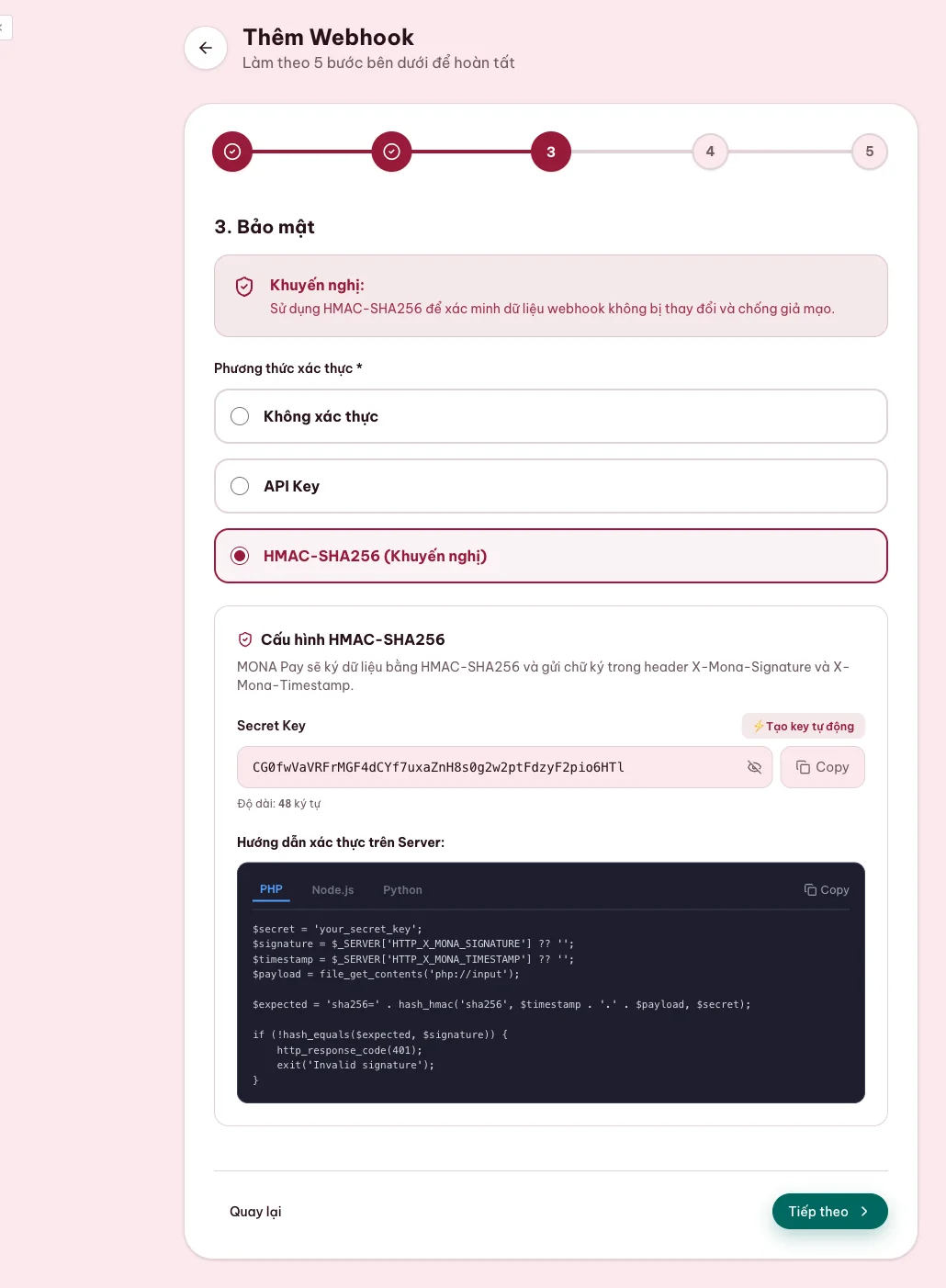 Màn hình chọn HMAC SHA256 cho webhook API ngân hàng