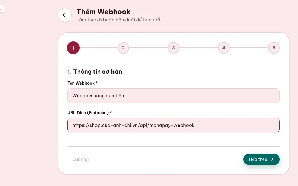 Wizard nhập URL webhook thanh toán cho phần mềm bán hàng