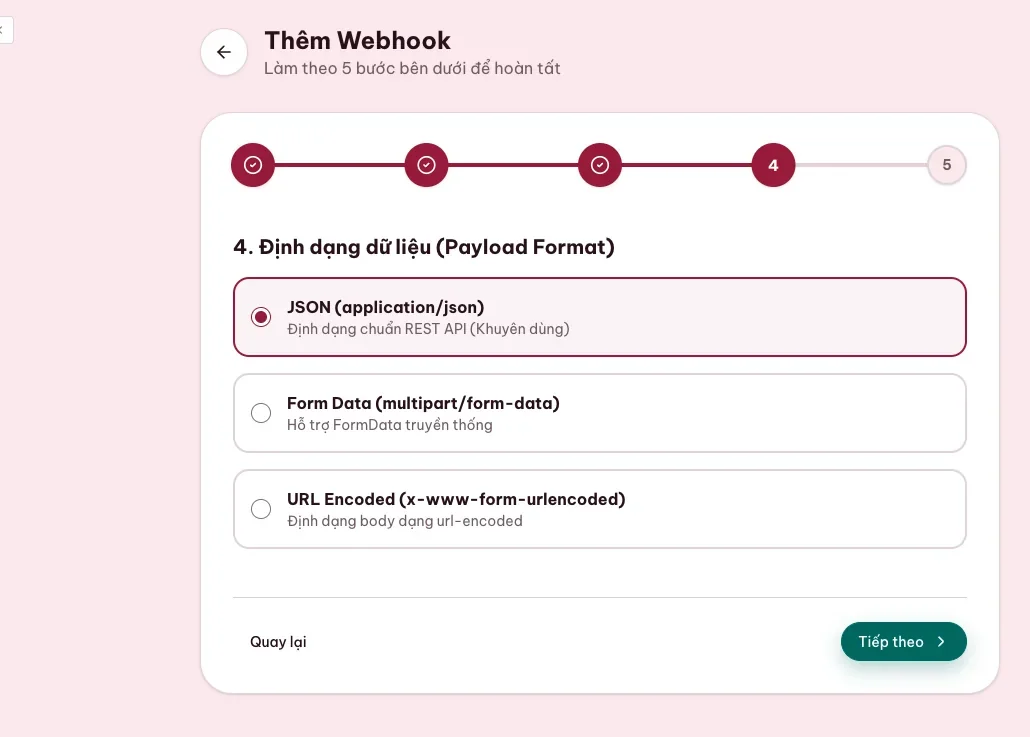 Wizard chọn định dạng JSON cho webhook chuyển khoản