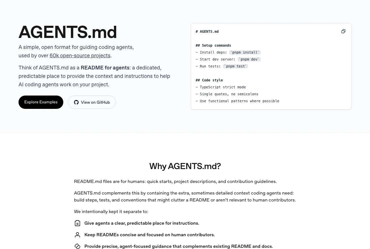 Trang chủ agents.md giới thiệu định dạng mở hướng dẫn coding agent