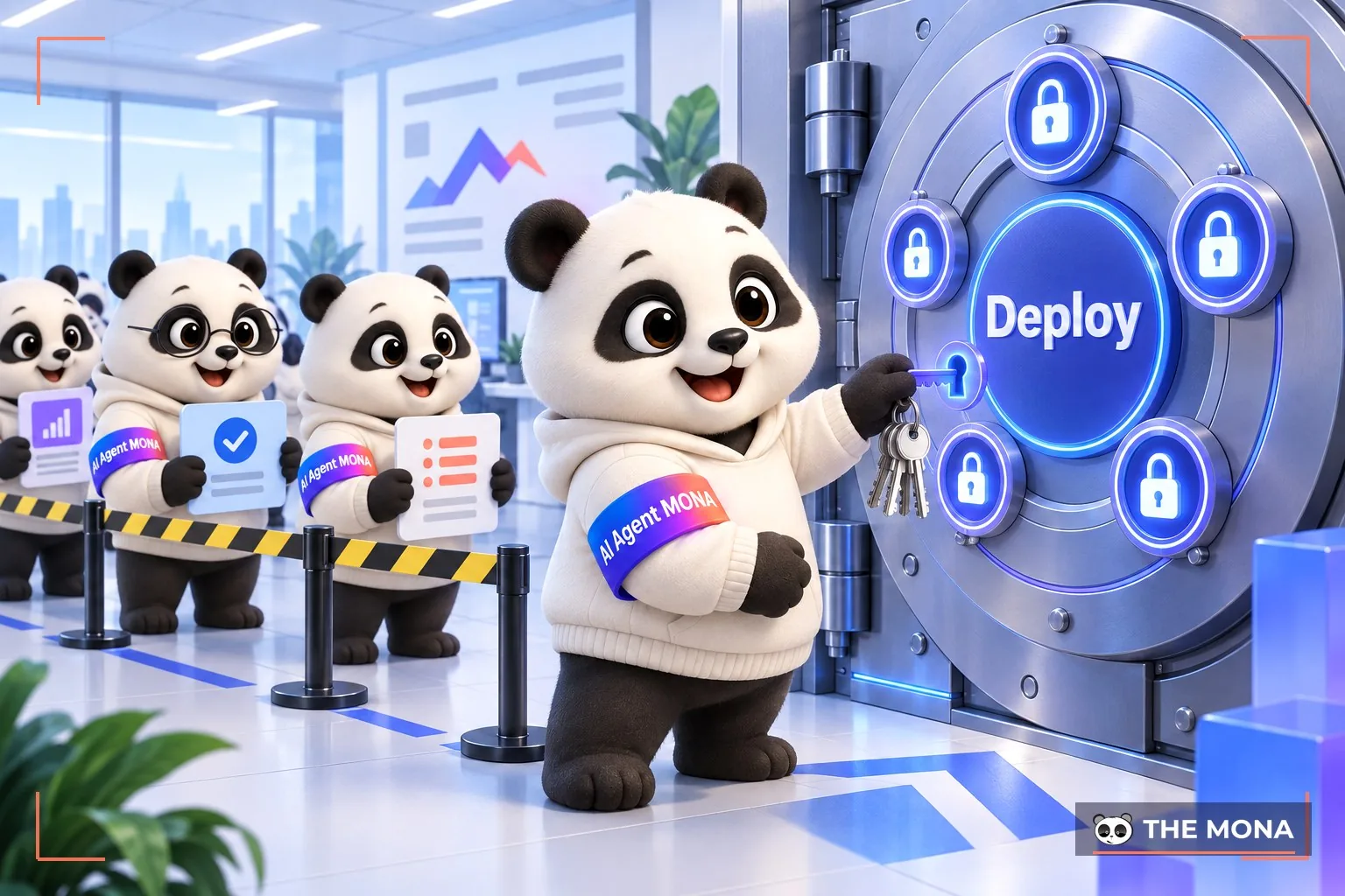 Kỹ sư MONA giữ chìa deploy, AI agent đứng chờ sau vạch
