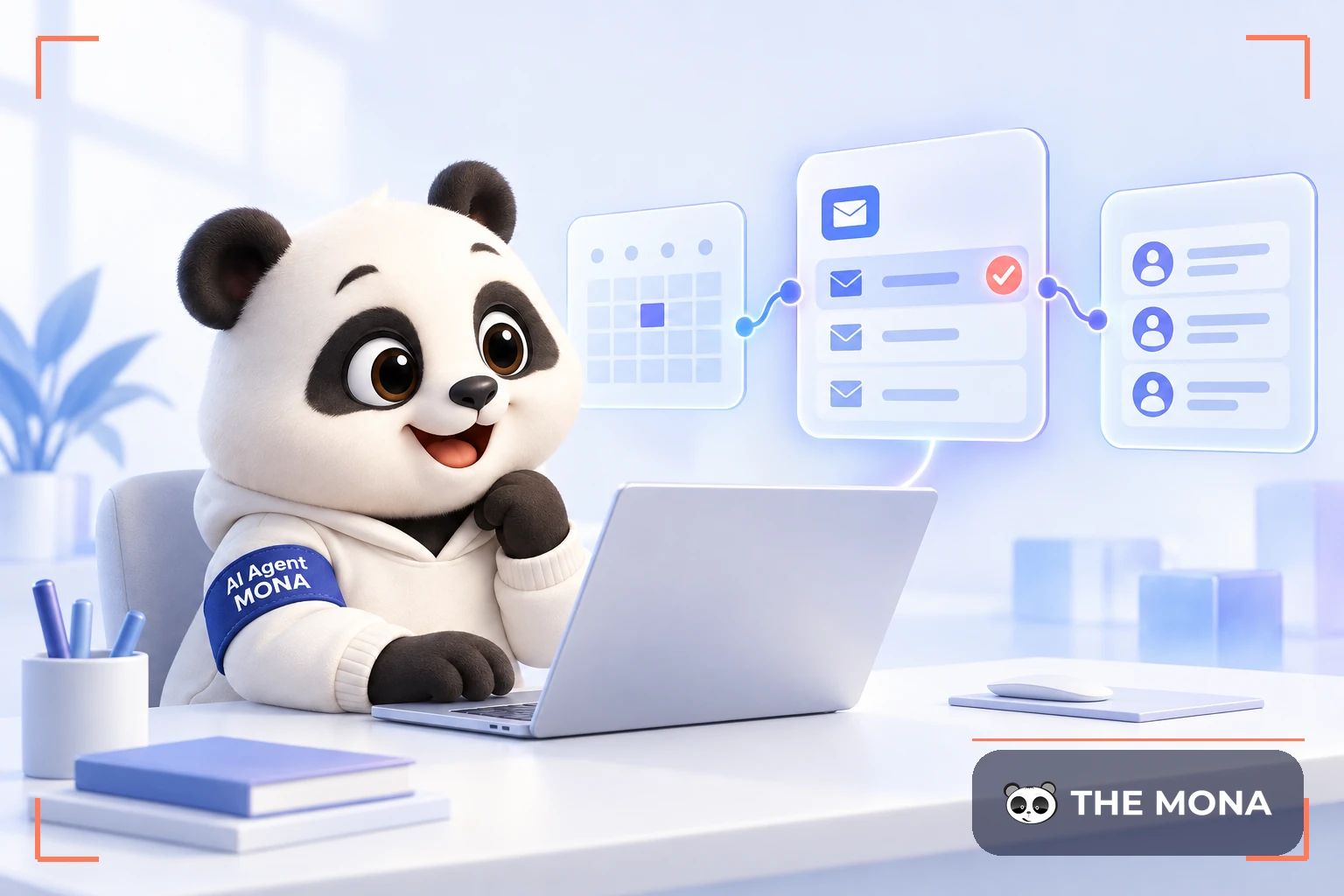 Gấu MONA làm việc với laptop khi AI Agent chọn lịch, hộp thư và bảng khách hàng