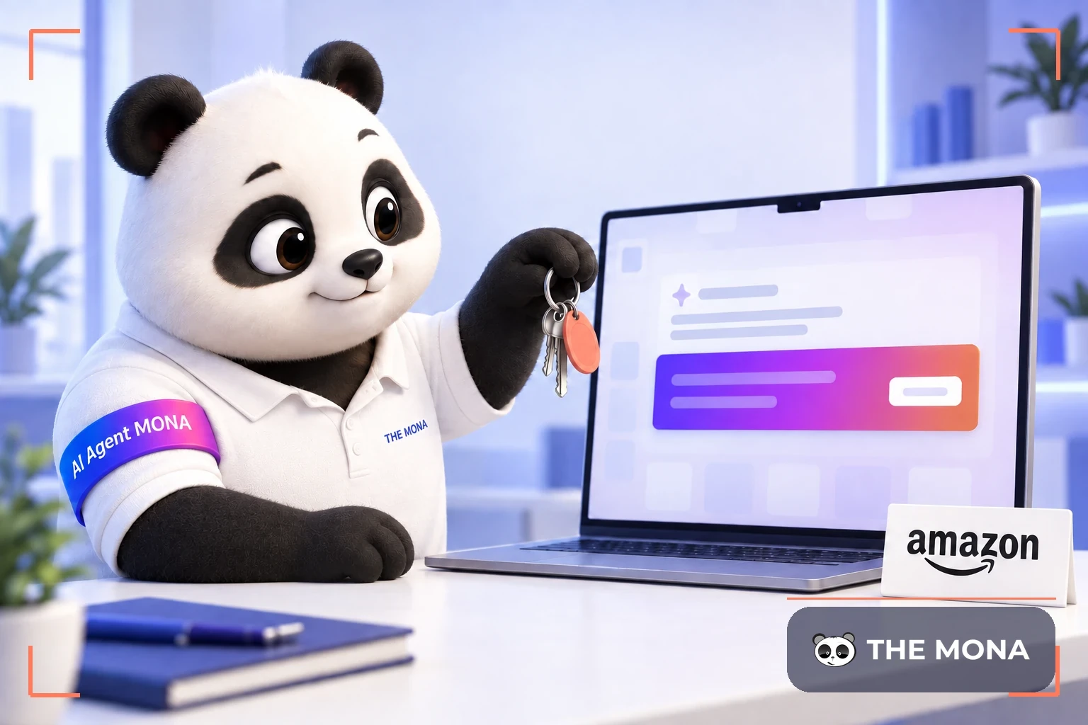 Gấu MONA cầm chìa khoá trước màn hình nối tài khoản người bán Amazon