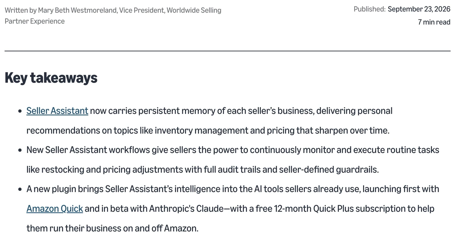 Phần tóm tắt công bố Seller Assistant và plugin người bán của Amazon ngày 23/09/2026