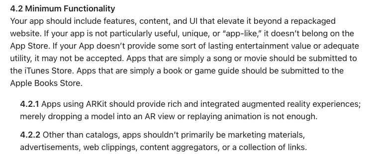 Mục 4.2 App Store Review Guidelines yêu cầu app vượt hơn website đóng gói lại