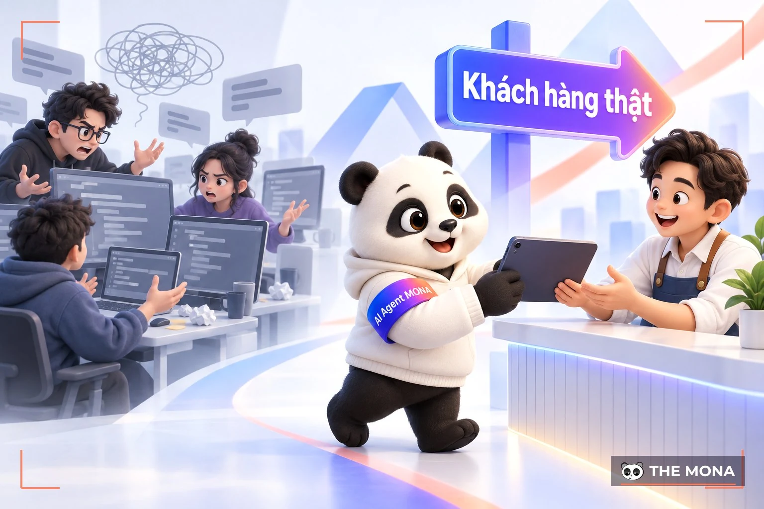 Gấu MONA bước khỏi nhóm lập trình viên để trao phần mềm cho khách thật