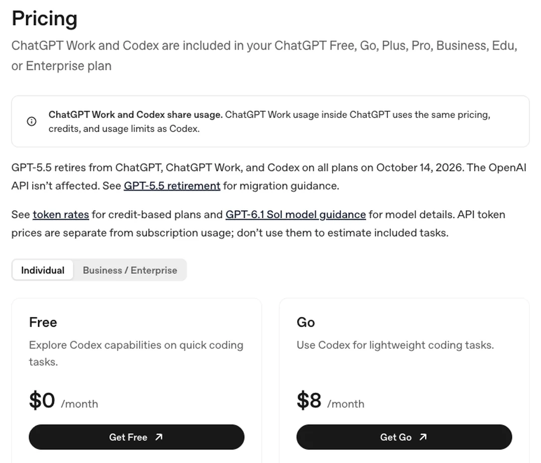 Trang giá chính hãng của Codex: có trong gói ChatGPT Free, Go, Plus và Pro