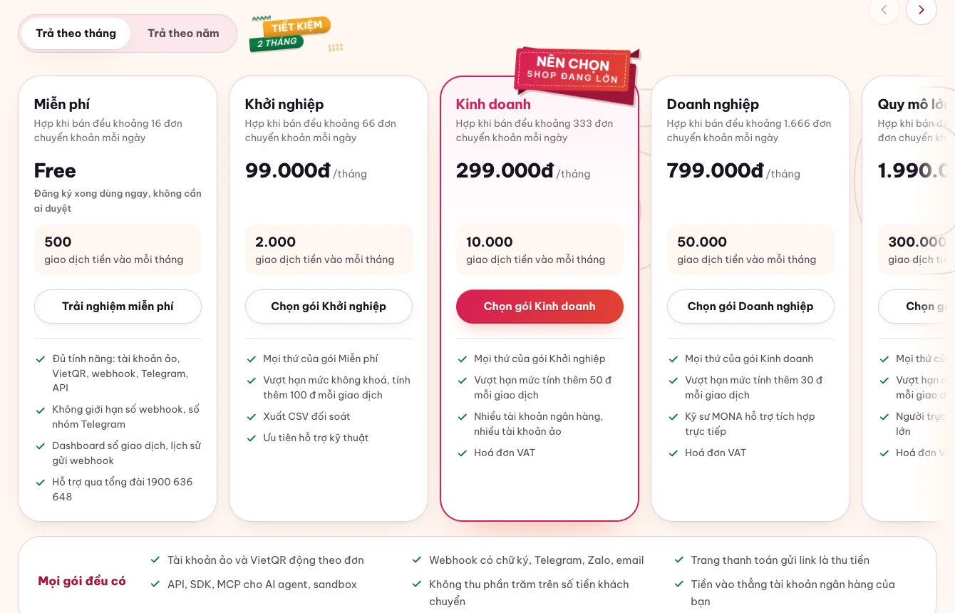 Bảng giá MONA Pay theo số giao dịch tiền vào mỗi tháng từ gói miễn phí