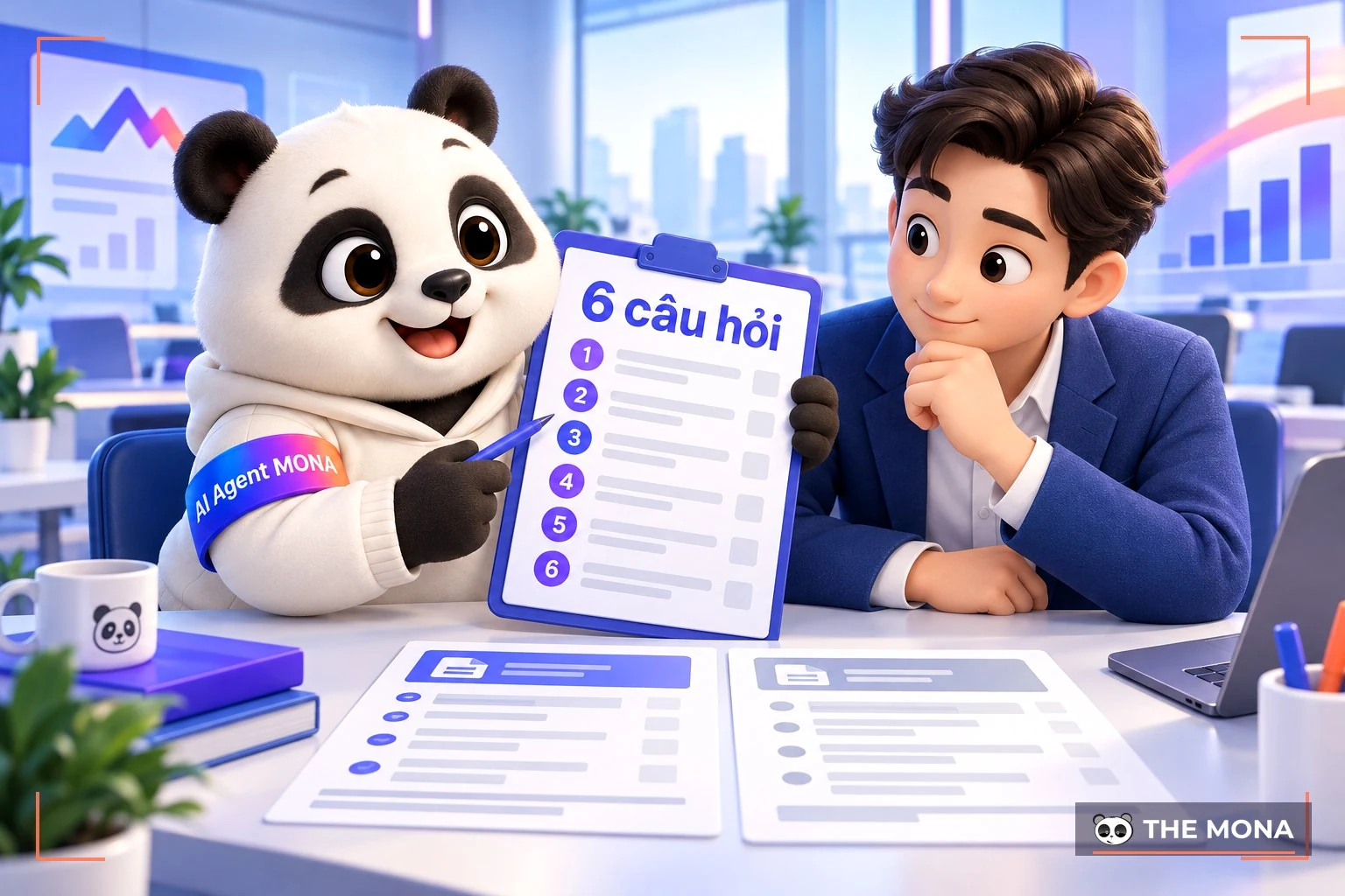 Gấu MONA so hai bản báo giá bằng bảng sáu câu hỏi cho chủ doanh nghiệp