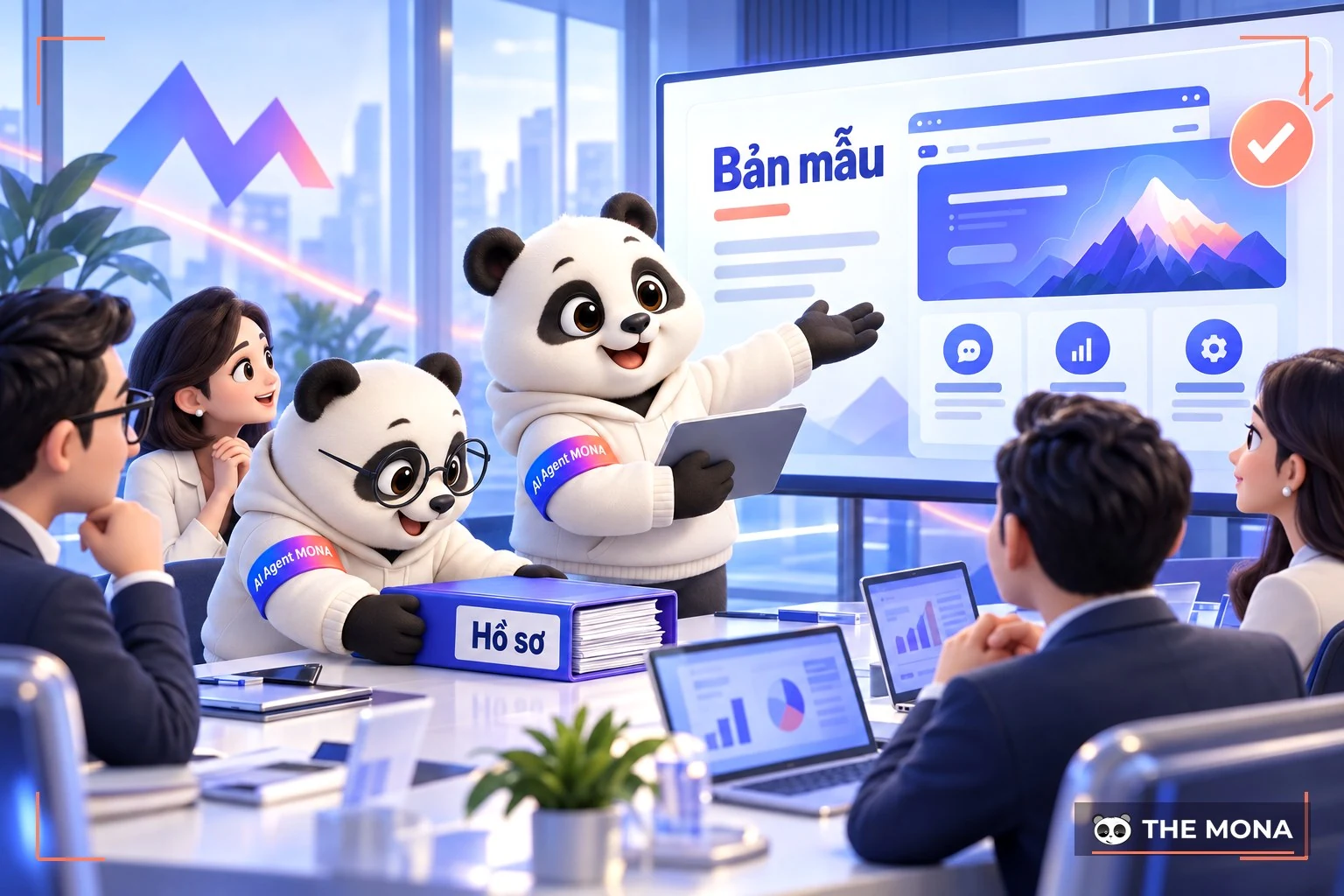 Gấu MONA thuyết trình bản mẫu và hồ sơ cho hội đồng khách hàng