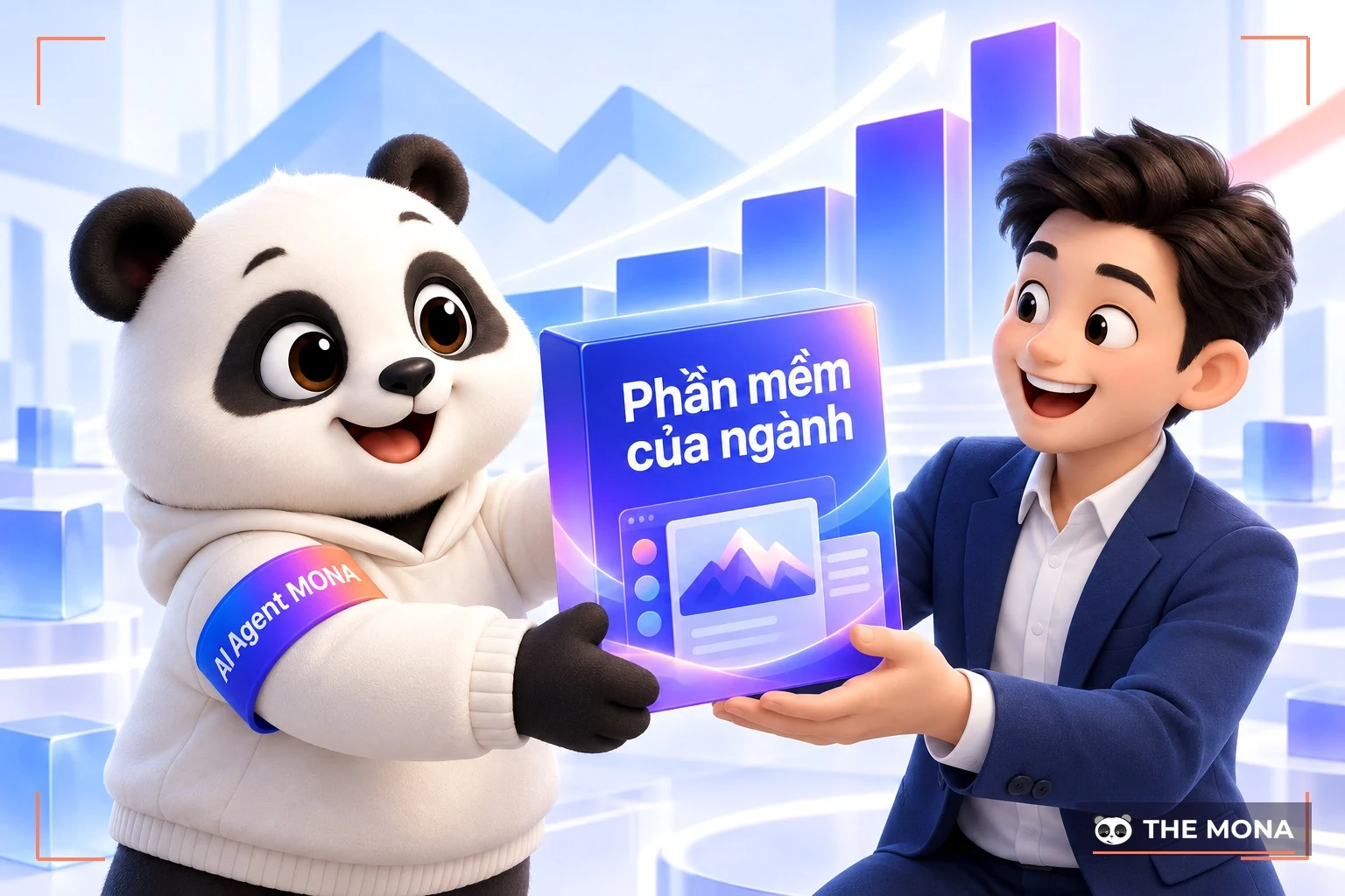 Gấu MONA trao hộp phần mềm của ngành cho chủ doanh nghiệp đang mỉm cười