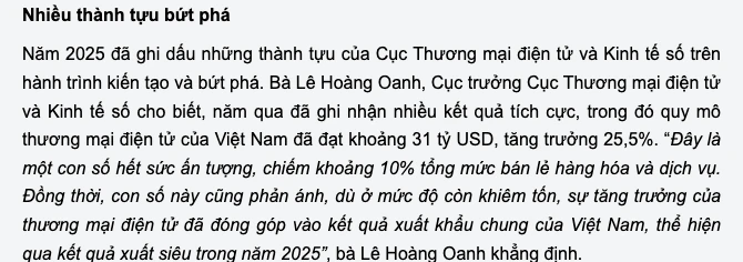 Bản tổng kết của Bộ Công Thương nêu thương mại điện tử 2025 đạt khoảng 31 tỷ USD
