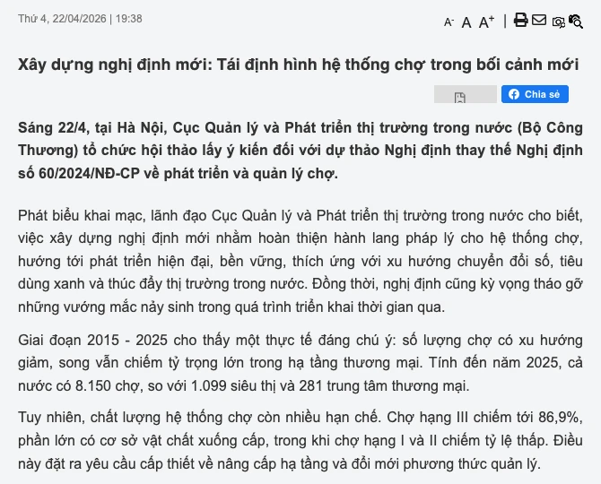 Trang Bộ Công Thương nêu cả nước có 8.150 chợ so với 1.099 siêu thị năm 2025