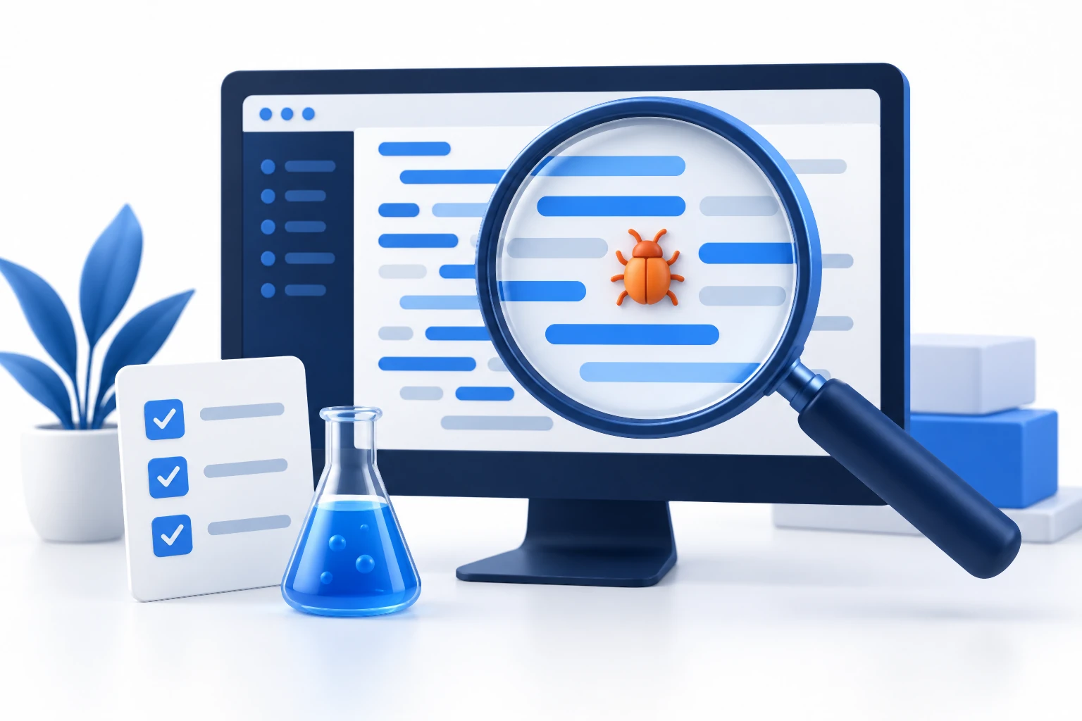 Kính lúp soi lỗi bug giữa các dòng code trên màn hình, bên cạnh danh sách kiểm thử