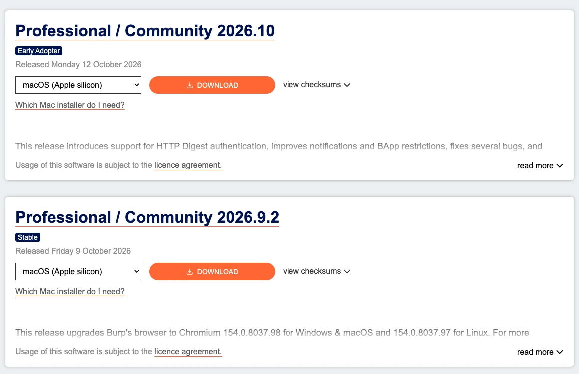 Trang phát hành Burp Suite với bản Professional và Community 2026.10 ngày 12/10/2026