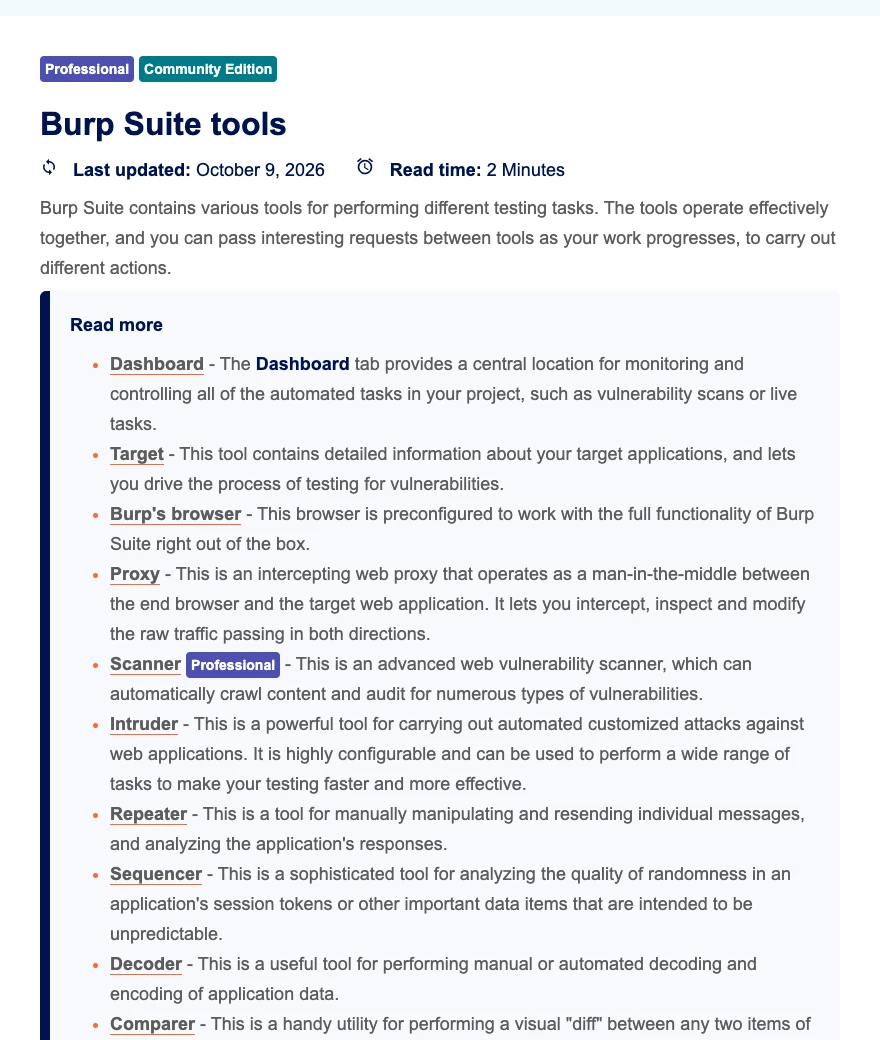 Danh sách công cụ Burp Suite trong tài liệu PortSwigger, Scanner chỉ có ở bản Professional