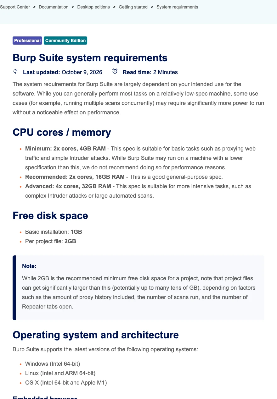Yêu cầu hệ thống của Burp Suite: CPU, RAM, ổ đĩa và hệ điều hành hỗ trợ