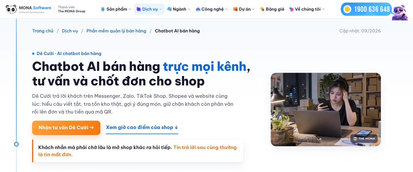 Trang chatbot AI bán hàng Dê Cười của MONA cho shop bán trên nhiều kênh