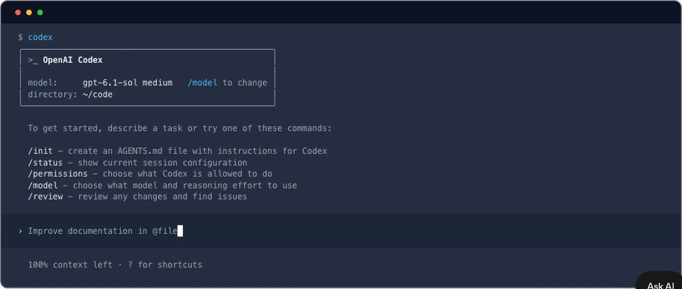 Màn hình Codex CLI trong terminal với lệnh init, permissions, model