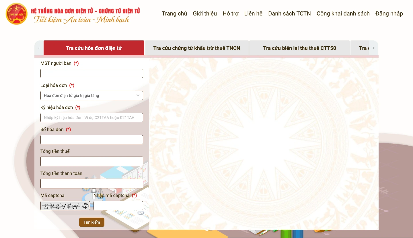 Trang chủ cổng hóa đơn điện tử của Cục Thuế với ô tra cứu hóa đơn