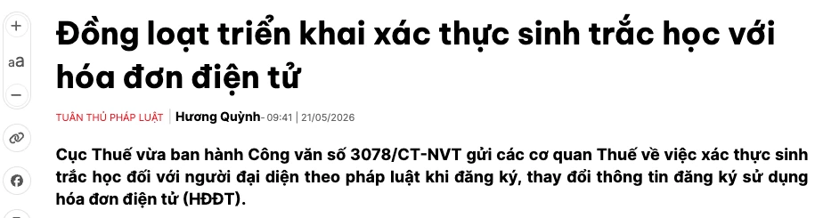 Bài trên Tạp chí Thuế và Hải quan nêu Công văn 3078/CT-NVT về xác thực sinh trắc học hóa đơn điện tử
