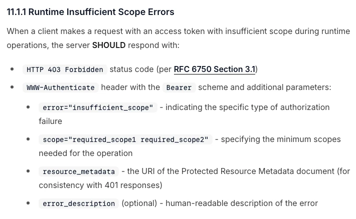 Đặc tả MCP quy định phản hồi 403 insufficient_scope khi thiếu quyền