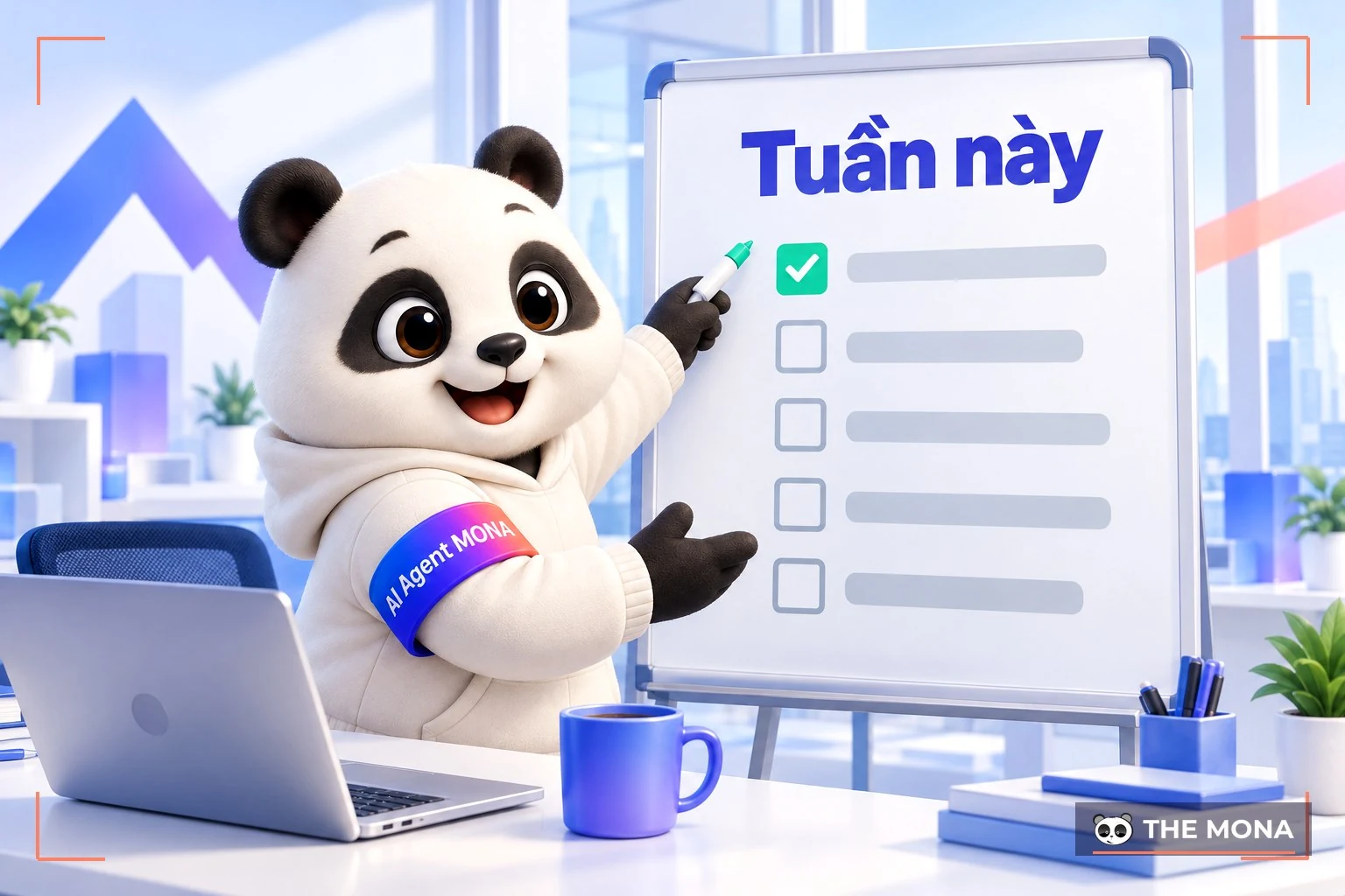 Gấu MONA chỉ vào bảng năm việc cần làm trong tuần này để bắt đầu bán phần mềm