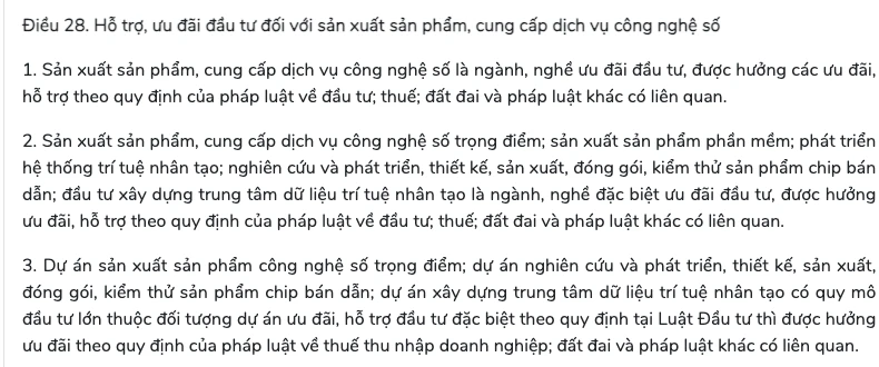 Điều 28 xếp sản xuất phần mềm vào ngành nghề đặc biệt ưu đãi đầu tư