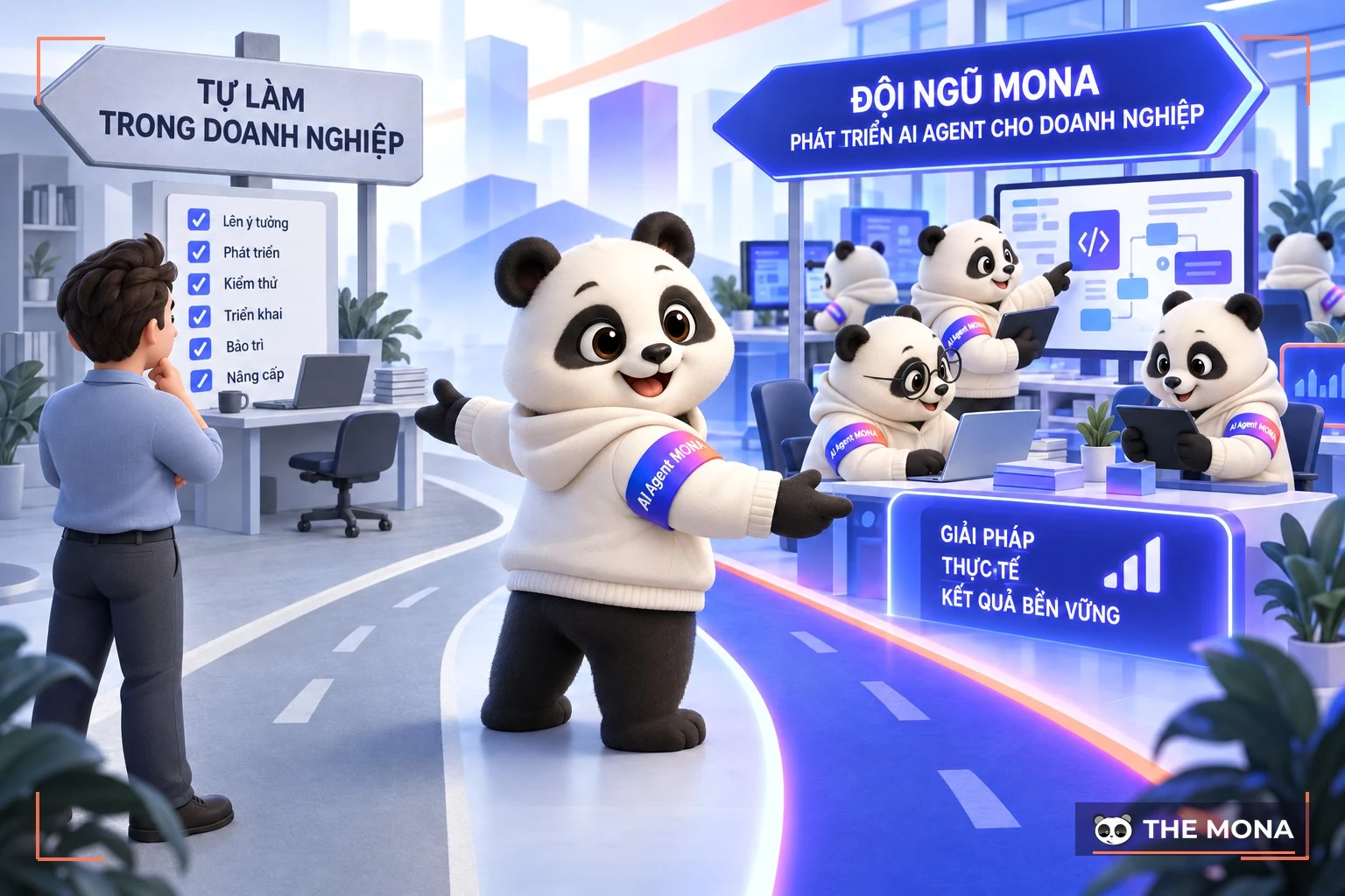 Chủ doanh nghiệp và gấu MONA xem hai lối bắt đầu agentic coding