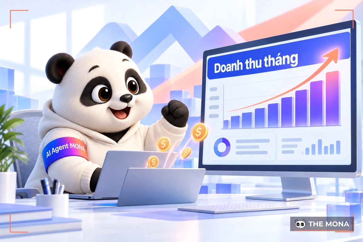 Gấu MONA nhìn biểu đồ doanh thu thu theo tháng của một phần mềm SaaS